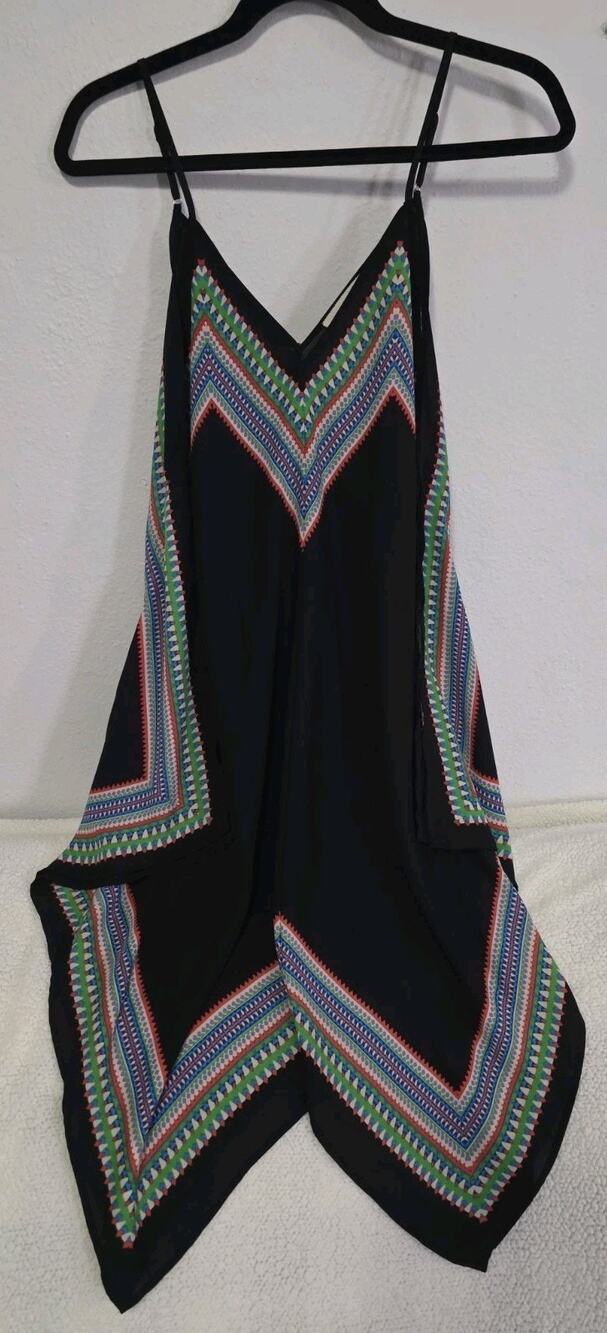 Meraki Sun Dress Handkerchief Black Multicolor Design Spaghetti Strap Sheer Sz L